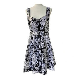 Spense Womens Size 14 Black and White Belted Fit and Flare Dress‎ Floral Lined​​